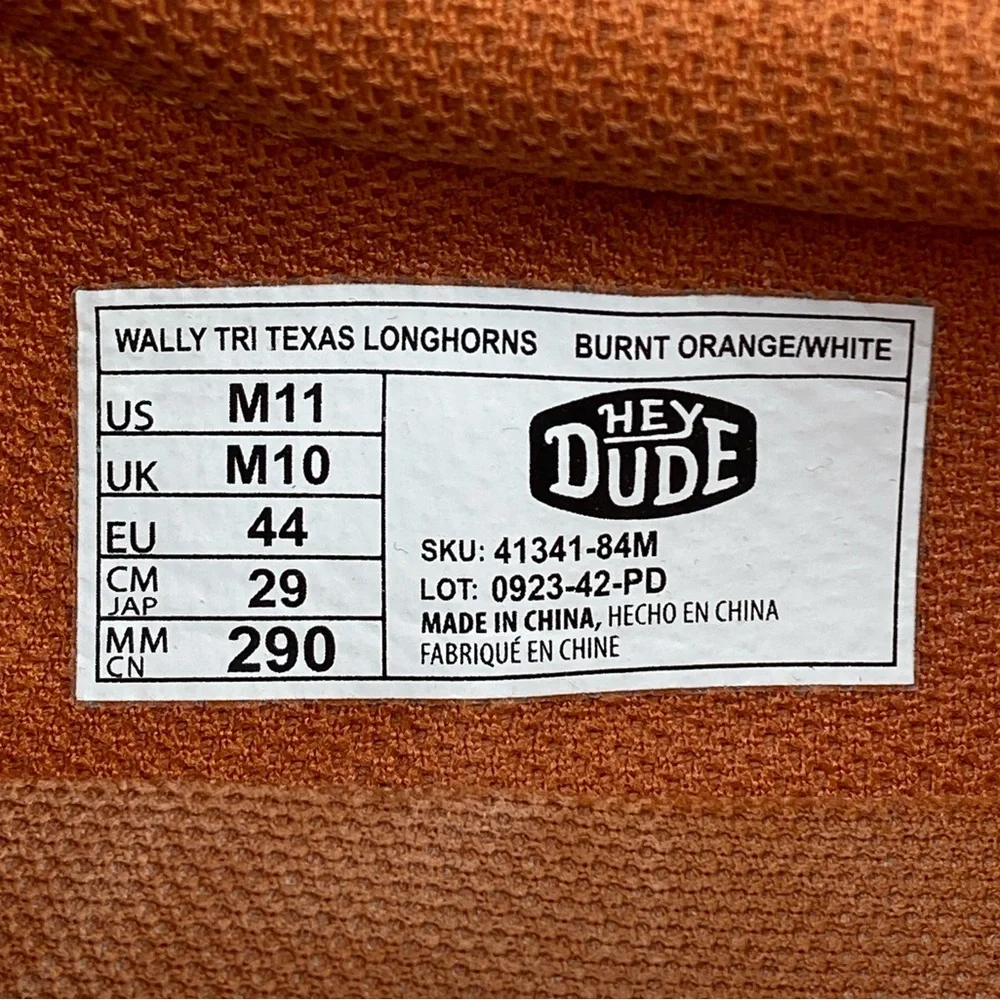 Hey Dude Wally Tri Texas Longhorns Burnt Orange White Loafers Men’s Shoe Size 11